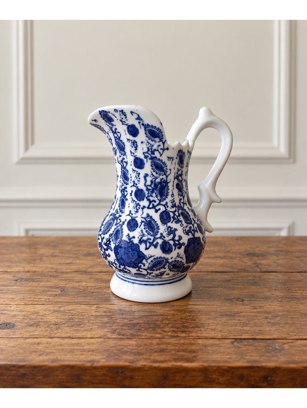 Vintage Blue White Chinoiserie Porcelain Pitcher Ewer Vase 8” Scalloped China